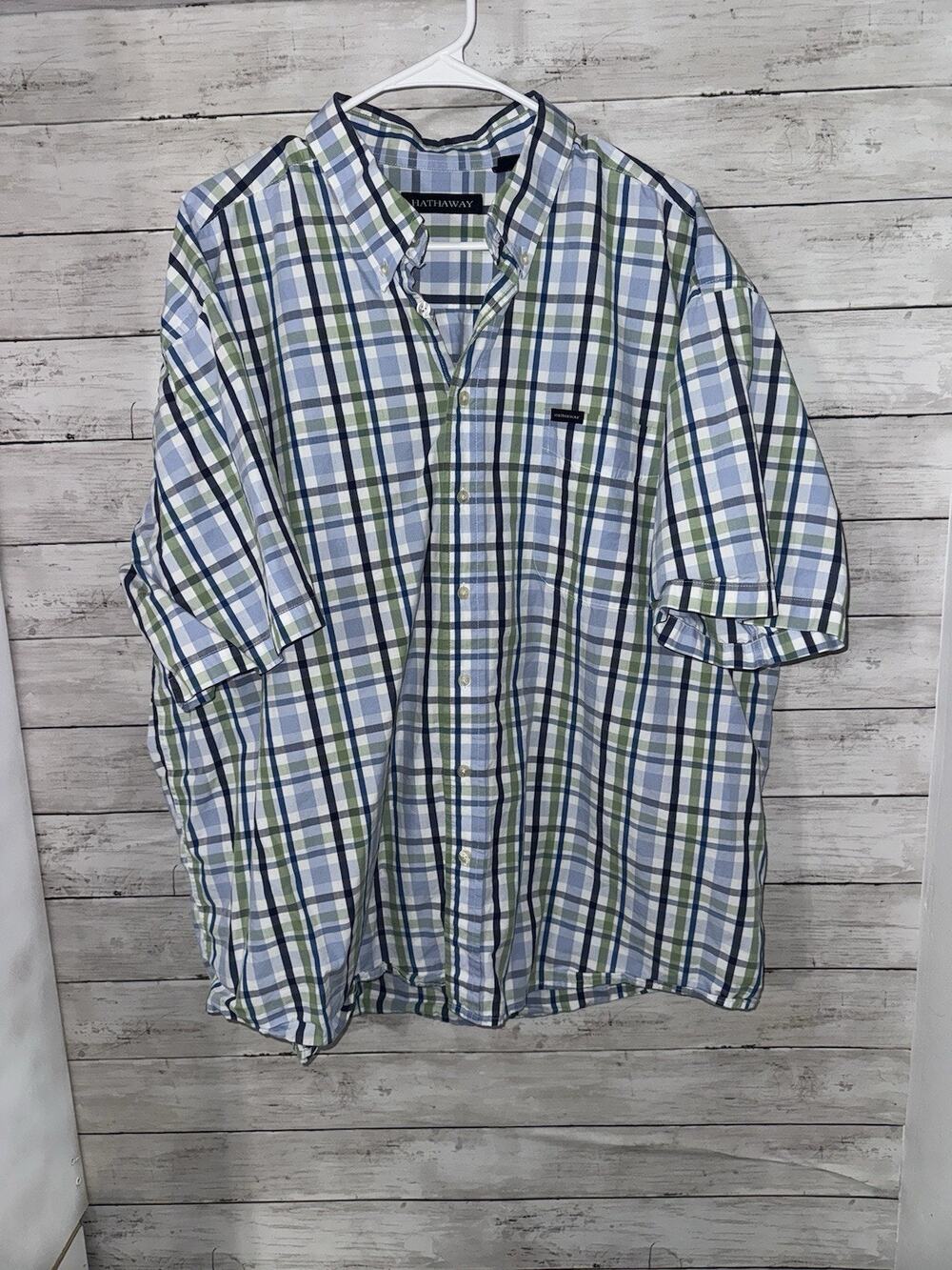 Hathaway men’s 100 cotton plaid blue green button down shirt sleeve shirt XXL